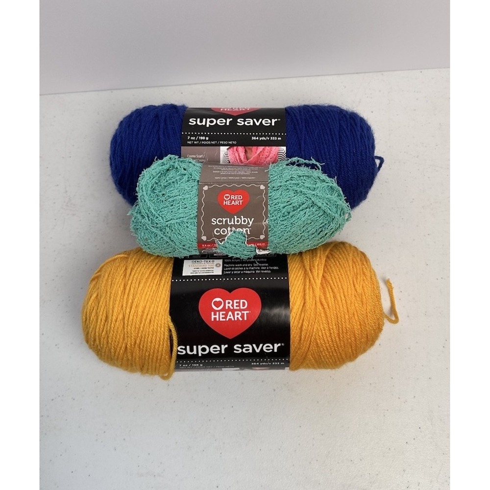 Red Heart Super Saver Yarn Lot Royal Blue Saffron & Scrubby Cotton Jade 3 Skeins